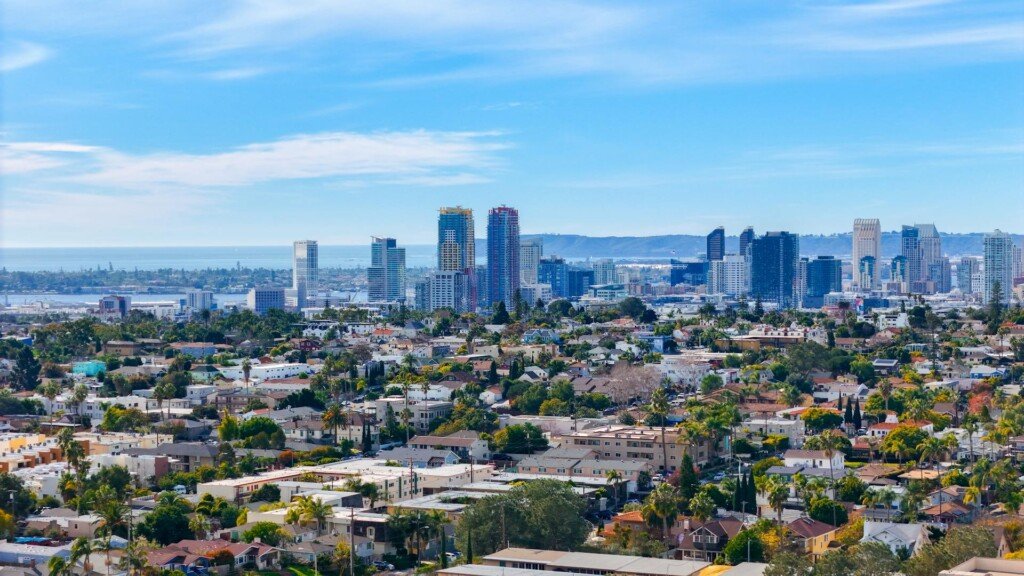 A breathtaking city skyline viewed from above, representing the journey of moving to the USA.
